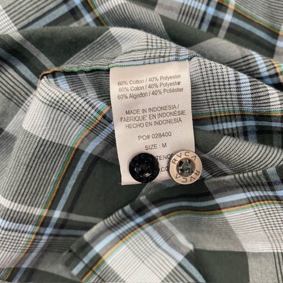 RVCA Brand Button Up Shirt Men's Size Medium Green Gray Plaid Long‎ Sleeve - Picture 8 of 9